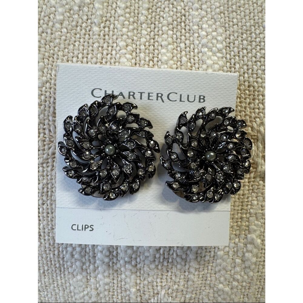 0156-Charter Club Black Crystal Floral Clip-on Earrings